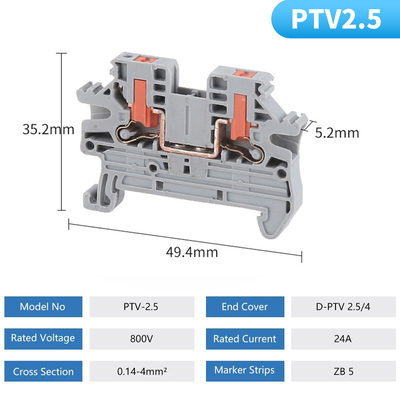 PTV 2.5 Ingresso laterale Connessione push-in Morsetto a molla Kit di morsettiere per guida DIN Set 24A 800V