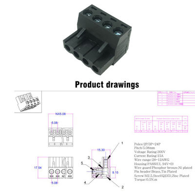 i blocchetti terminali Pluggable della vite del PWB del passo di 5.08mm tappano + Pin Header Black ad angolo retto