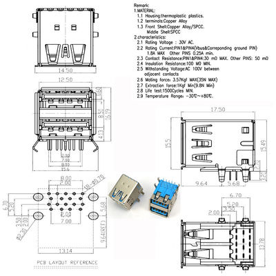 Tipo connettore femminile della doppia porta o singolo di USB 3,0 del bordo del PWB di Jack dell'incavo di A per il computer portatile del computer portatile