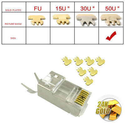Il RJ45 le spine modulari Cat7 hanno protetto l'oro in due pezzi di progettazione 50u dei connettori 8P8C placcato