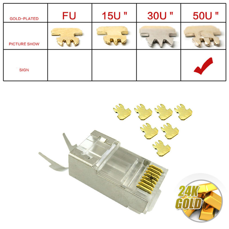 Il RJ45 le spine modulari Cat7 hanno protetto l'oro in due pezzi di progettazione 50u dei connettori 8P8C placcato